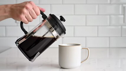 A Hand Pouring Hot Brewed Coffee from a French Press into a White Ceramic Mug on a Marble Kitchen Countertop, Capturing a Moment of Morning Ritual