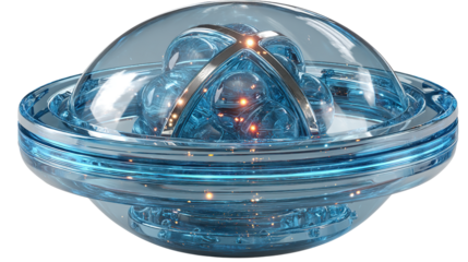 A transparent blue glass bowl with water and a blue glass sphere capture the abstract motion of a splashing liquid drop, creating a fresh, wet macro closeup with ripples and bubbles