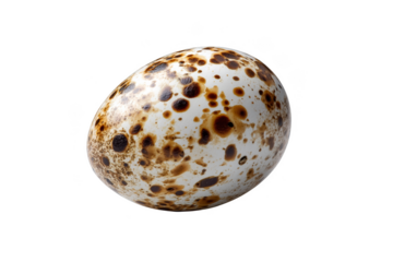 A speckled egg with a glossy surface and varying brown and black patterns. Png, Transparent background.