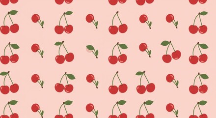 A repeating pattern of stylized cherries on a pale pink background.