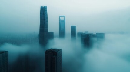 Fototapeta premium Misty skyline of tall buildings, urban landscape shrouded in fog, conveying a tranquil yet mysterious atmosphere.