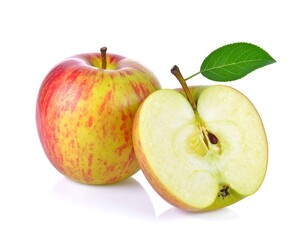 Red and Yellow Apple Halved on White Background