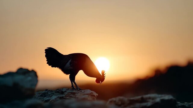 A striking silhouette of a rooster crowing against a vibrant sunrise, capturing the essence of early mornings, rural life, and the promise of a new day filled with potential.
