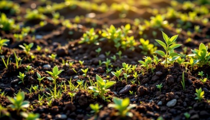 Close Up of Lush Green Seedlings Emerging from Dark Soil at Sunrise