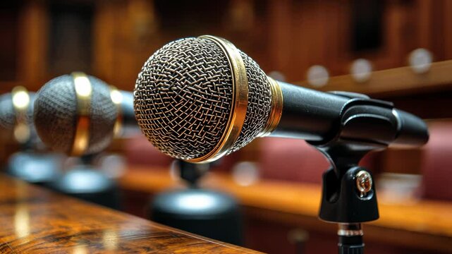 Close-up of microphones on a wooden podium