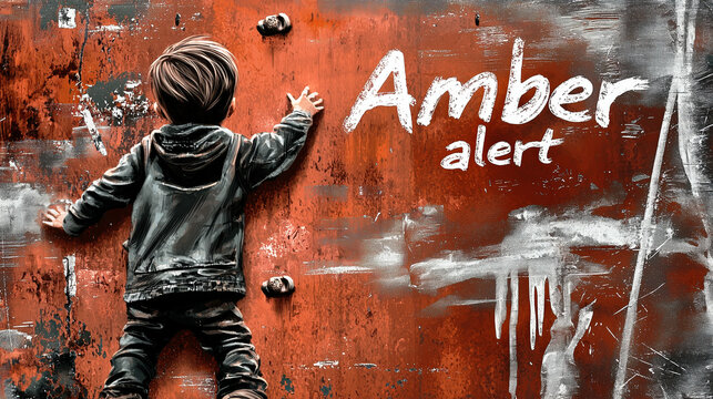 Amber alert painted on a textured wall with a young child reaching up.