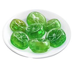 Obraz premium Green jellies in white plate isolated on white and transparent background.