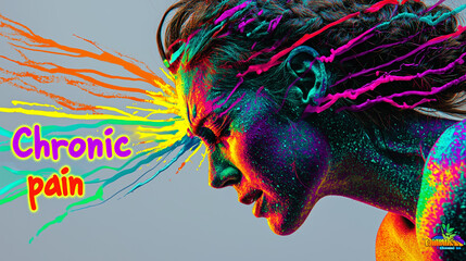 Chronic pain visually represented by a colorful abstract portrait of a suffering individual.