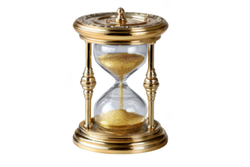 Elegant hourglass with ornate detailing and fine sand inside, symbolizing the passage of time. Png, Transparent background.