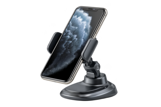 A smartphone mount with an adjustable holder for secure positioning. Png, Transparent background.