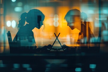 Two women working late at night.  Silhouettes collaborating