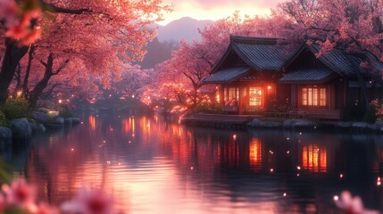 Obraz premium Japanese house along river, cherry blossoms, pink petals, sunset glow, dreamy view