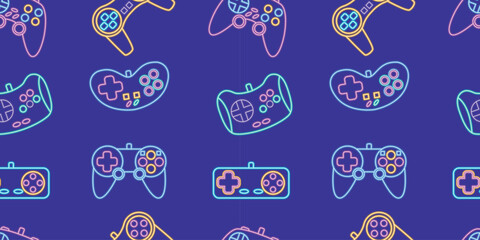 Vector neon glow game controller gamepad seamless pattern. Colored outline joystick element flat style on night dark background. Gamer device background