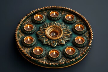 Ornate Green and Gold Diwali Tray with Lit Candles Festive Holiday Decoration