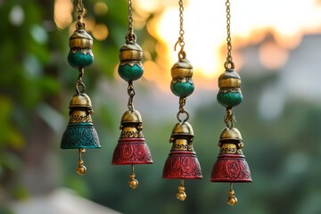 Obraz premium Ornate Decorative Bells Hanging Outdoors Teal and Red Boho Decor Indian Craftsmanship