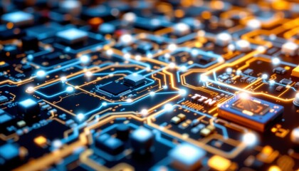 Close Up Detailed View of Circuit Board with Glowing Orange and Blue Wiring