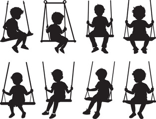 set of little boy sitting on swing silhouette, black and white silhouette, vector and illustration