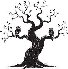 Tree with Twisting Branches and Perched Owls – Simple Nature Line Art Illustration