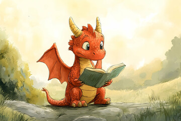 Adorable little dragon studying in an outdoor setting.