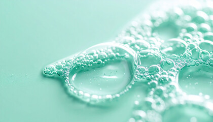 Obraz premium Close-up of delicate bubbles on a smooth, mint green surface