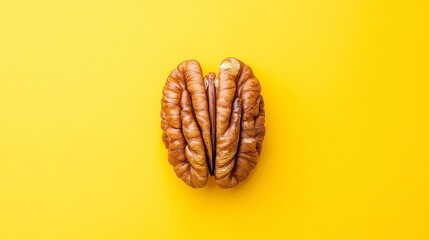 Single pecan nut, rich brown tones, textured shell detail, isolated on vivid yellow background