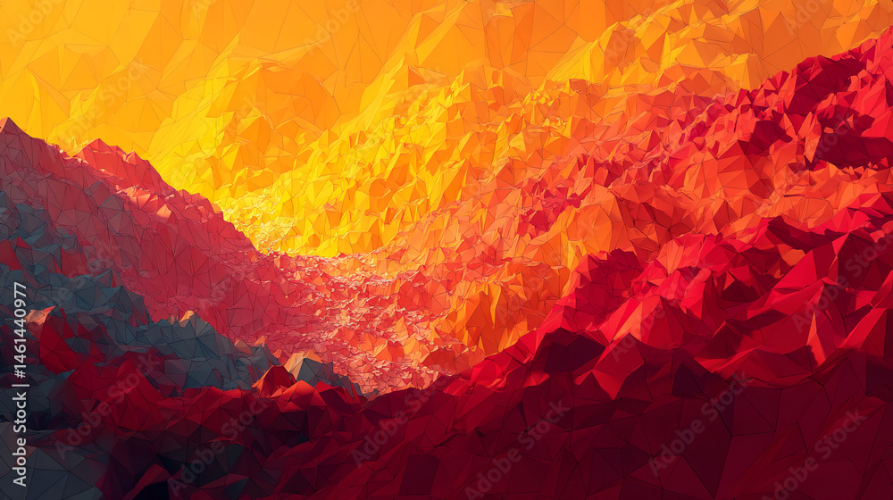 Poster Abstract low-poly landscape image red and orange tones, creating a fiery, mountainous scene, showcasing texture and depth, ideal for design background