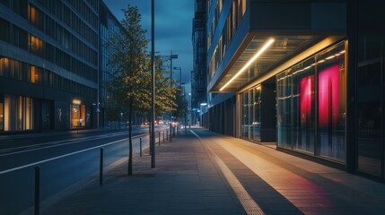 Empty city street at night with modern buildings and illuminated storefront.