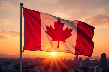 Canadian flag waving at sunset.