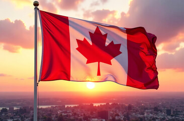 Canadian flag waving at sunset.