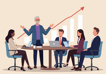 Illustration of a business team engaged in discussion during a professional meeting. A speaker presents financial growth charts, emphasizing teamwork, analysis