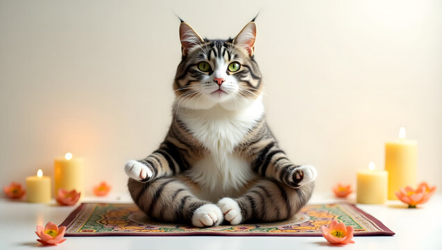 A tranquil feline sits in meditation surrounded by candles and flowers, embodying peace and serenity in a captivating wellness setting.