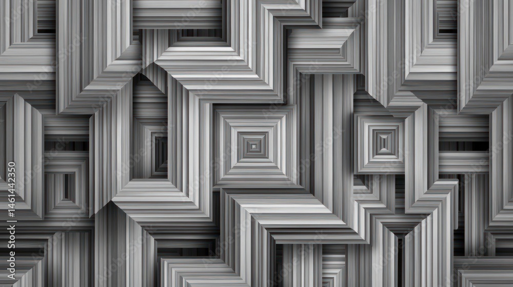 Poster abstract grayscale pattern of layered, receding squares and lines creating a 3d illusion.