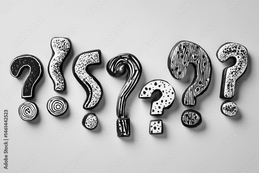 Poster Black question marks with white patterns on grey background, arranged in a row, showcasing curiosity, inquiry, and problem-solving concepts