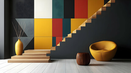 Modern Staircase Interior Design With Colorful Wall Decor