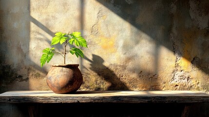 Vintage stand with a flourishing plant in a rustic pot, contributing a natural touch and character.
