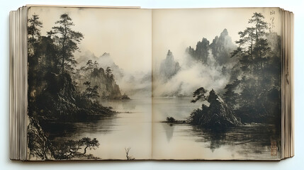 A serene landscape painting of a misty mountain lake.  Ancient-style ink wash on antique book pages