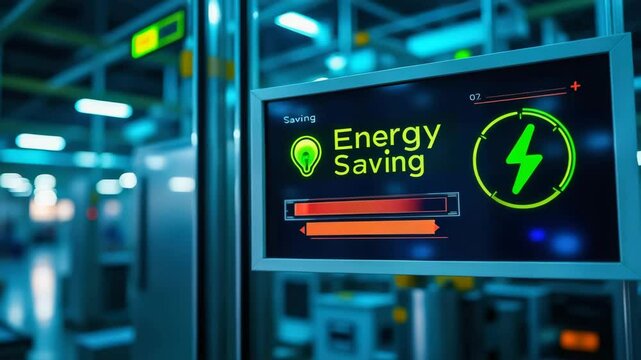 A digital display shows "Energy Saving" with a green light bulb and lightning bolt icon, indicating a focus on energy efficiency in a technological environment.