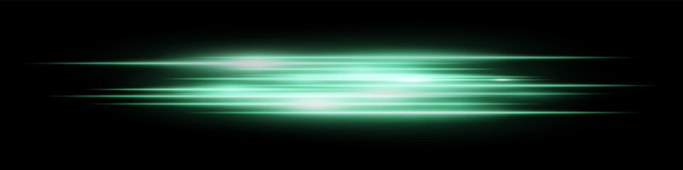 Green horizontal blur streaks with intense glow on black. Suitable for acceleration effect, fast movement visuals, spotlight transition, energy burst, futuristic theme and speed design.