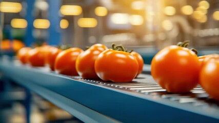 Fresh tomatoes moving along a conveyor belt in a modern processing facility, showcasing agricultural efficiency and quality.