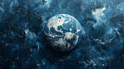 Earth globe amidst textured dark blue surface.