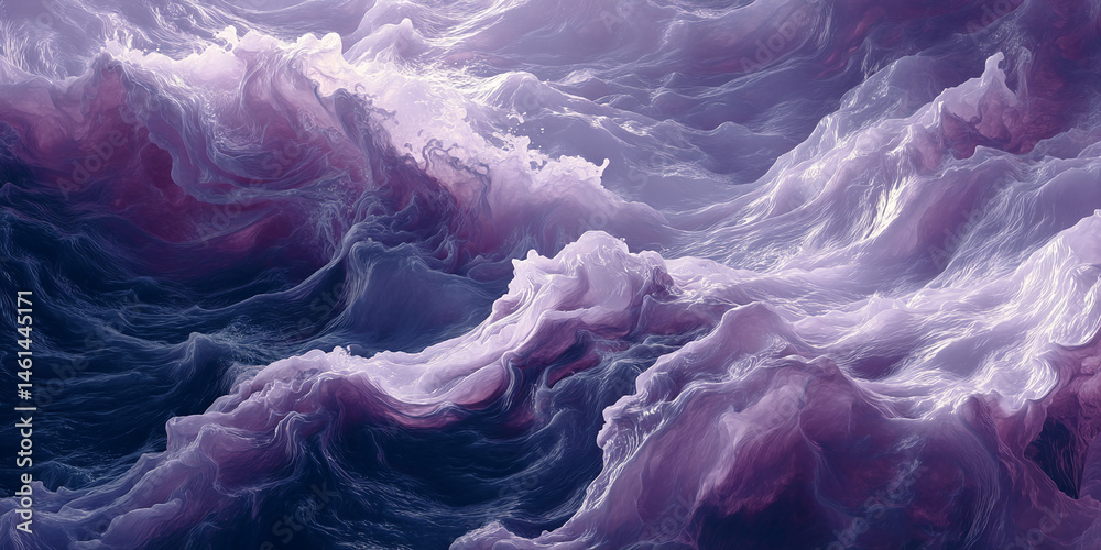 Poster abstract image of purple and white waves, creating a flowing, dynamic texture, symbolizing serenity,