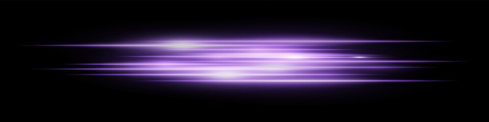 Purple horizontal blur streaks with intense glow on black. Suitable for acceleration effect, fast movement visuals, spotlight transition, energy burst, futuristic theme and speed design.