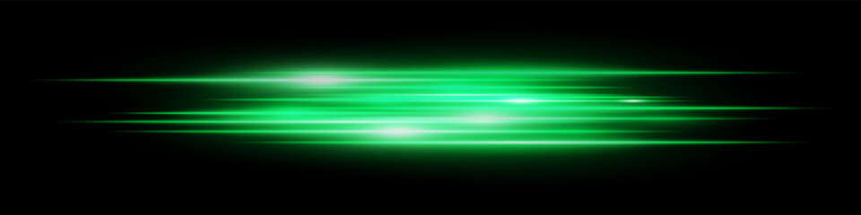 Green horizontal blur streaks with intense glow on black. Suitable for acceleration effect, fast movement visuals, spotlight transition, energy burst, futuristic theme and speed design.