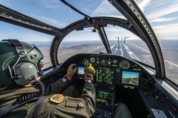 Pilot Cockpit View – Inside a fighter jet cockpit, showing HUD (heads-up display), hands on controls.