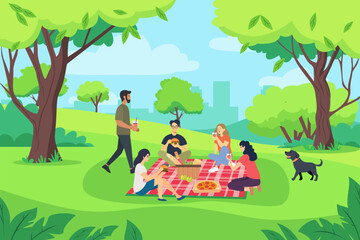 Picnic in the city park, vector illustration. Friends with a dog on a picnic in the park. Men and women relax on a picnic in the city park against the backdrop of metropolis buildings.