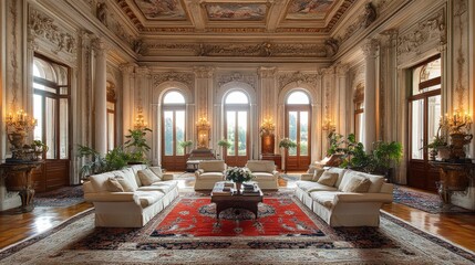 Naklejka premium Luxurious interior living room with ornate details.