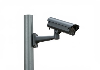 Security camera mounted on a gray pole against a plain white background in a close-up shot