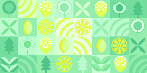 Lemon minimalistic geometric background. Vector abstract style pattern. Bauhaus trend. Abstract illustration of lemon, leaves, symbols. Simple icon.	
