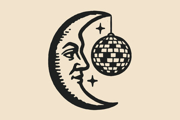 crescent moon with disco ball, vintage engraving icon style