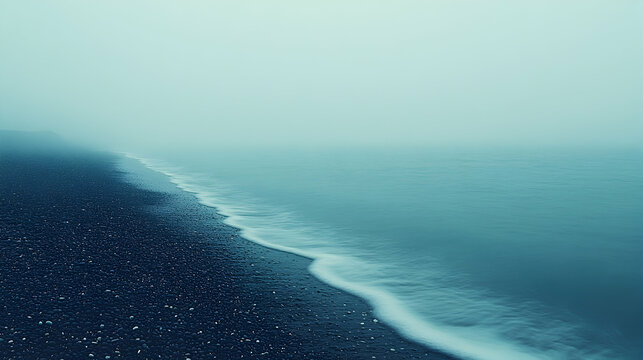 Misty coastal scene; dark sand beach meets a hazy, teal ocean under a fog-shrouded sky